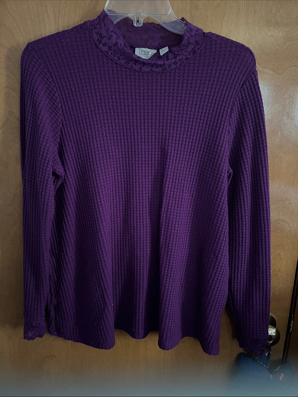 LOFT Deep Purple Waffle-Knit Long Sleeve Top with Lace Trim